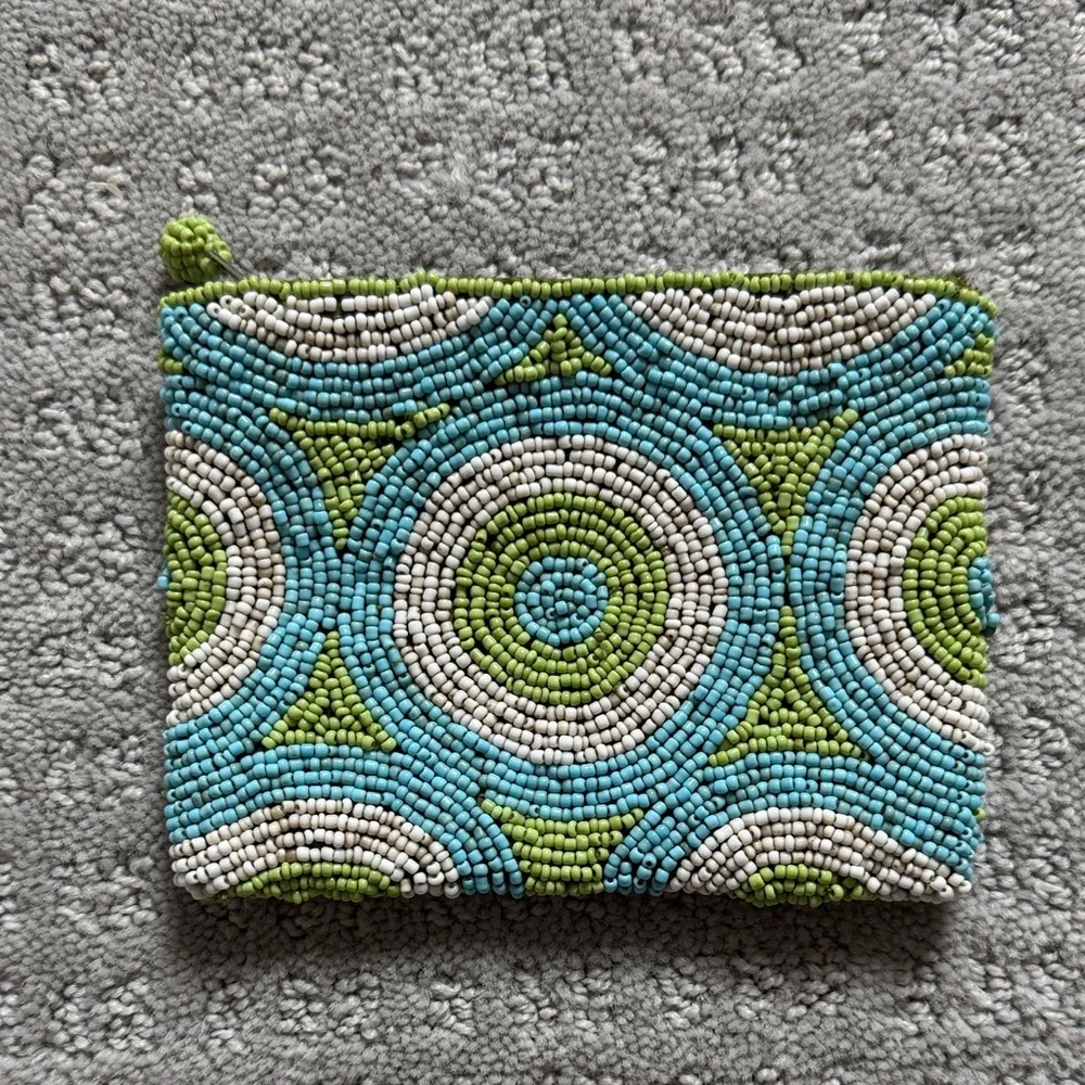 Beaded Circle Pattern Coin Pouchin Aqua, Lime & Ivory - Picture 1 of 2
